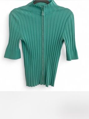 BELLDINI Y2K STYLE AQUA RIBBED KNIT SHORT SLEEVE TOP RHINESTONE ZIP SIZE SMALL